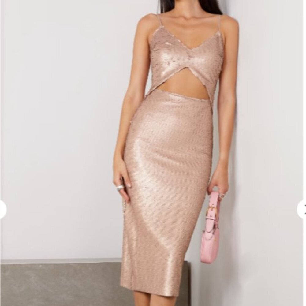 L'Agence Femme Champagne Sequin Cutout Midi Dress